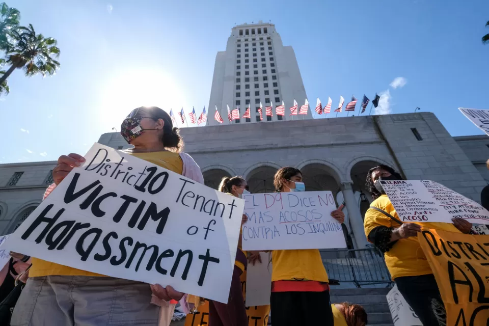 Tenants' rights rally in front of Los Angeles City Hall, June 2021